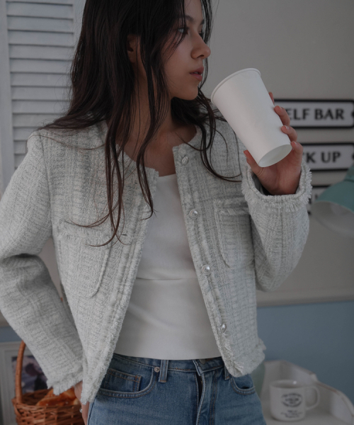 DEHEVE（デヘヴェ）の「Fringe Trimming Tweed Jacket [Mixed Ivory]（その他アウター・レディース・アイボリー・SMALL/MEDIUM）」の5枚目の写真