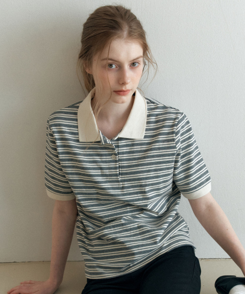 BUTTON STRIPE T-SHIRT_IVORY — полосатая футболка с пуговицами, айвори