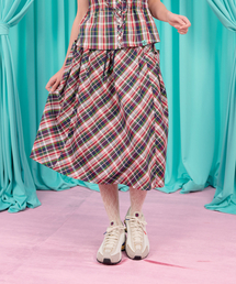 BUTTON VOLUME SKIRT / check-red
