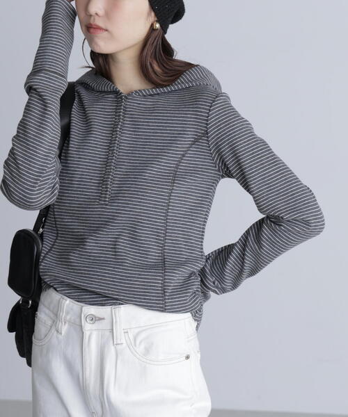 FREE'S MART（フリーズマート）の「◆スキッパーカットソーフーディー（Tシャツ/カットソー・レディース・グレー系その他/ホワイト/ネイビー・FREE）」の11枚目の写真