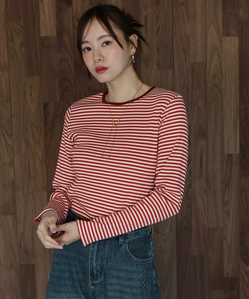 J by blue(ジェイバイブルー)の「リブボーダーTシャツ(Tシャツ/カットソー・レディース・ブラック/ベージュ/レッド・MEDIUM)」の3枚目の写真