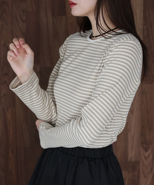 J by blue(ジェイバイブルー)の「リブボーダーTシャツ(Tシャツ/カットソー・レディース・ブラック/ベージュ/レッド・MEDIUM)」の7枚目の写真