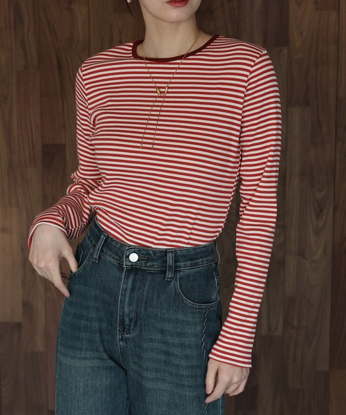 J by blue(ジェイバイブルー)の「リブボーダーTシャツ(Tシャツ/カットソー・レディース・ブラック/ベージュ/レッド・MEDIUM)」の11枚目の写真