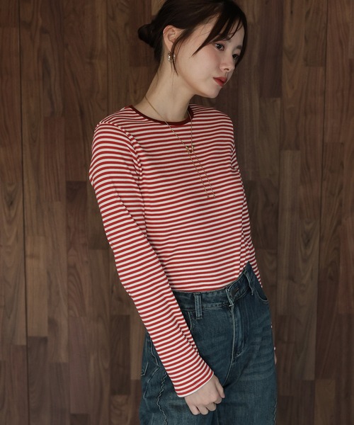 J by blue(ジェイバイブルー)の「リブボーダーTシャツ(Tシャツ/カットソー・レディース・ブラック/ベージュ/レッド・MEDIUM)」の12枚目の写真