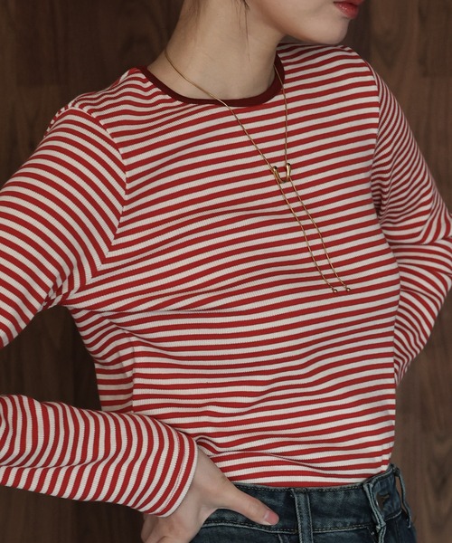 J by blue(ジェイバイブルー)の「リブボーダーTシャツ(Tシャツ/カットソー・レディース・ブラック/ベージュ/レッド・MEDIUM)」の14枚目の写真