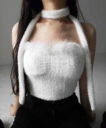 【 2点セット 】チョーカー付きシャギーショートベアトップス/ choker SET shaggy short bare tops
