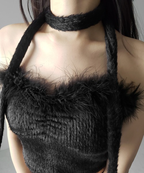 me+em select(ミームセレクト)の「【 2点セット 】チョーカー付きシャギーショートベアトップス/ choker SET shaggy short bare tops(その他トップス・レディース・ブラック/ホワイト・FREE)」の4枚目の写真