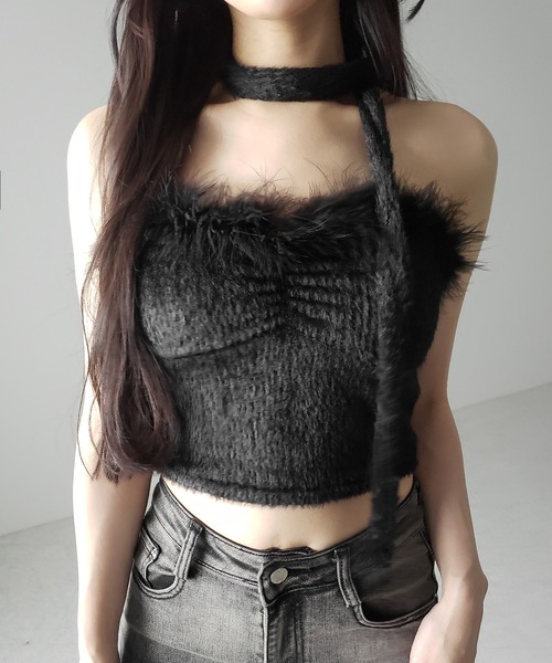 me+em select(ミームセレクト)の「【 2点セット 】チョーカー付きシャギーショートベアトップス/ choker SET shaggy short bare tops(その他トップス・レディース・ブラック/ホワイト・FREE)」の7枚目の写真