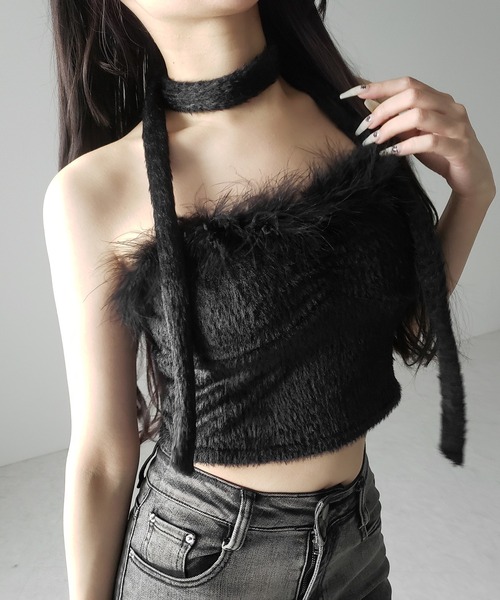 me+em select(ミームセレクト)の「【 2点セット 】チョーカー付きシャギーショートベアトップス/ choker SET shaggy short bare tops(その他トップス・レディース・ブラック/ホワイト・FREE)」の9枚目の写真