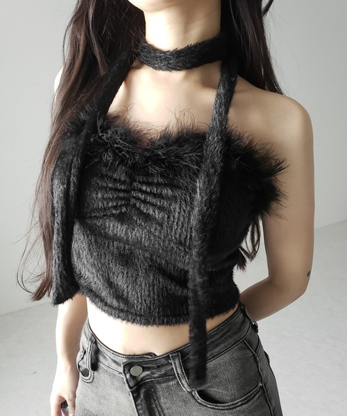me+em select(ミームセレクト)の「【 2点セット 】チョーカー付きシャギーショートベアトップス/ choker SET shaggy short bare tops(その他トップス・レディース・ブラック/ホワイト・FREE)」の10枚目の写真