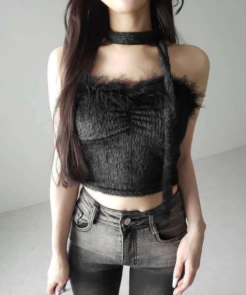 me+em select(ミームセレクト)の「【 2点セット 】チョーカー付きシャギーショートベアトップス/ choker SET shaggy short bare tops(その他トップス・レディース・ブラック/ホワイト・FREE)」の11枚目の写真