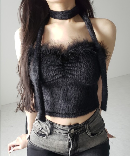 me+em select(ミームセレクト)の「【 2点セット 】チョーカー付きシャギーショートベアトップス/ choker SET shaggy short bare tops(その他トップス・レディース・ブラック/ホワイト・FREE)」の14枚目の写真