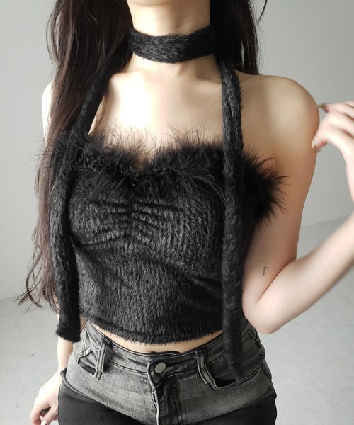 me+em select(ミームセレクト)の「【 2点セット 】チョーカー付きシャギーショートベアトップス/ choker SET shaggy short bare tops(その他トップス・レディース・ブラック/ホワイト・FREE)」の8枚目の写真
