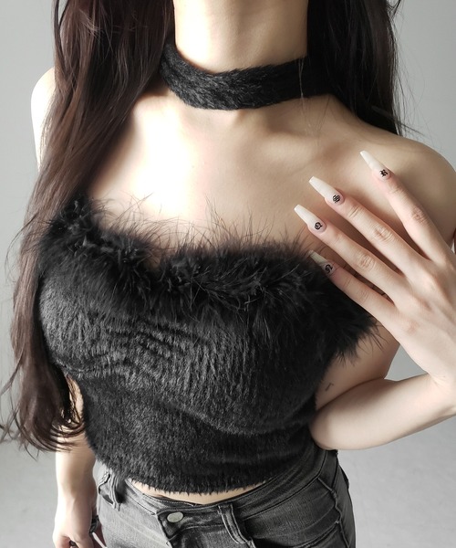 me+em select(ミームセレクト)の「【 2点セット 】チョーカー付きシャギーショートベアトップス/ choker SET shaggy short bare tops(その他トップス・レディース・ブラック/ホワイト・FREE)」の15枚目の写真