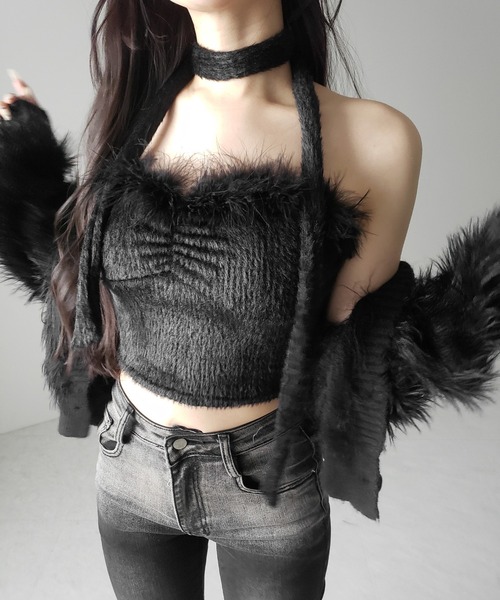 me+em select(ミームセレクト)の「【 2点セット 】チョーカー付きシャギーショートベアトップス/ choker SET shaggy short bare tops(その他トップス・レディース・ブラック/ホワイト・FREE)」の16枚目の写真
