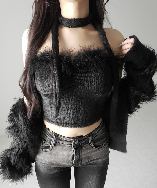 me+em select(ミームセレクト)の「【 2点セット 】チョーカー付きシャギーショートベアトップス/ choker SET shaggy short bare tops(その他トップス・レディース・ブラック/ホワイト・FREE)」の17枚目の写真