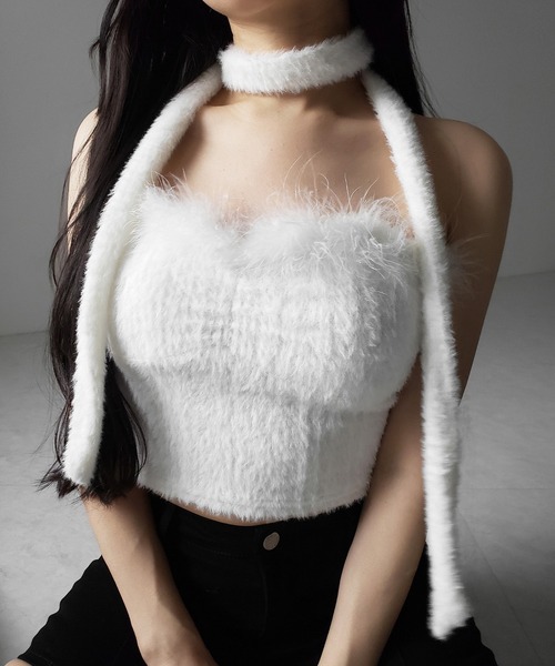 me+em select(ミームセレクト)の「【 2点セット 】チョーカー付きシャギーショートベアトップス/ choker SET shaggy short bare tops(その他トップス・レディース・ブラック/ホワイト・FREE)」の22枚目の写真