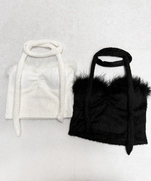 me+em select(ミームセレクト)の「【 2点セット 】チョーカー付きシャギーショートベアトップス/ choker SET shaggy short bare tops(その他トップス・レディース・ブラック/ホワイト・FREE)」の3枚目の写真