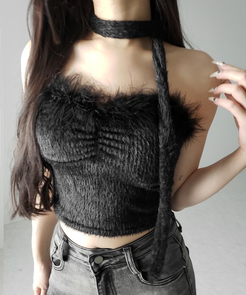 me+em select(ミームセレクト)の「【 2点セット 】チョーカー付きシャギーショートベアトップス/ choker SET shaggy short bare tops(その他トップス・レディース・ブラック/ホワイト・FREE)」の6枚目の写真