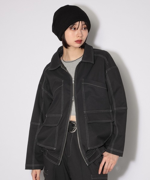 PAGEBOY(ページボーイ)の「ハイショクステッチカバーオール(ブルゾン・レディース・グリーン/ブラック・FREE)」の7枚目の写真