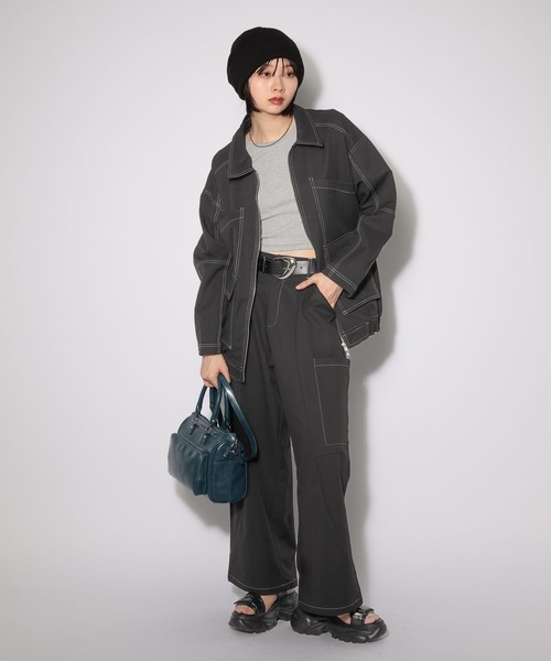 PAGEBOY(ページボーイ)の「ハイショクステッチカバーオール(ブルゾン・レディース・グリーン/ブラック・FREE)」の4枚目の写真