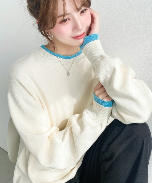 バイカラークルーネックSSニットプルオーバー（ニット/セーター