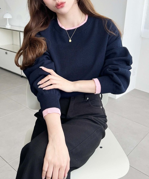 バイカラークルーネックSSニットプルオーバー（ニット/セーター