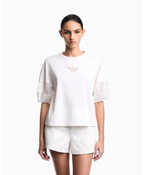 EMPORIO ARMANI（エンポリオアルマーニ）の「【エンポリオ アルマーニ】Tシャツ スーピマジャージー メッシュ切替え（Tシャツ/カットソー・レディース・ブラック/ホワイト・MEDIUM/SMALL）」の2枚目の写真