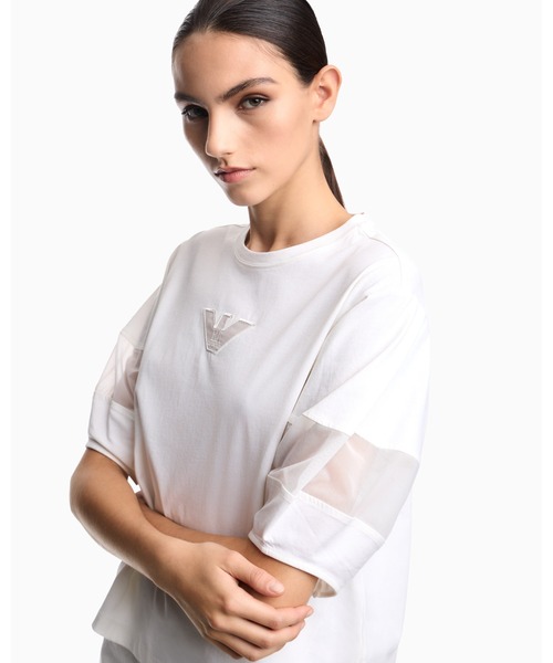 EMPORIO ARMANI（エンポリオアルマーニ）の「【エンポリオ アルマーニ】Tシャツ スーピマジャージー メッシュ切替え（Tシャツ/カットソー・レディース・ブラック/ホワイト・MEDIUM/SMALL）」の9枚目の写真
