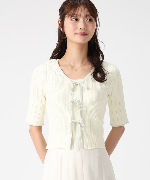 MISCH MASCH（ミッシュマッシュ）の「2026春夏新作 ラメ配色リボンアイレットリブニット（ニット/セーター・レディース・ブラック/ブルー/イエロー/ホワイト・ﾌﾘ-）」の17枚目の写真