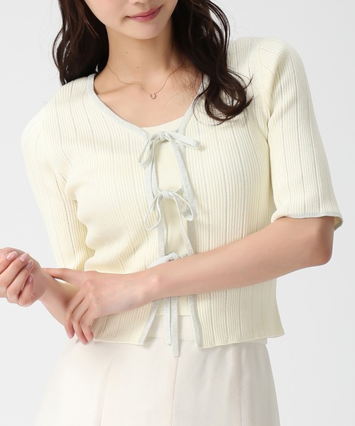 MISCH MASCH（ミッシュマッシュ）の「2026春夏新作 ラメ配色リボンアイレットリブニット（ニット/セーター・レディース・ブラック/ブルー/イエロー/ホワイト・ﾌﾘ-）」の8枚目の写真