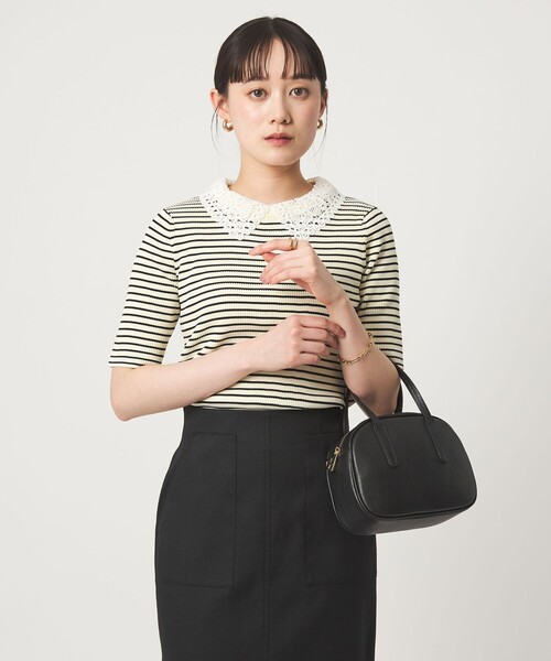 green label relaxing(グリーンレーベルリラクシング)の「リブ エリレース 2WAY 5分袖 ニット プルオーバー(ニット/セーター・レディース・ネイビー/その他1/ベージュ/オフホワイト・FREE)」の4枚目の写真