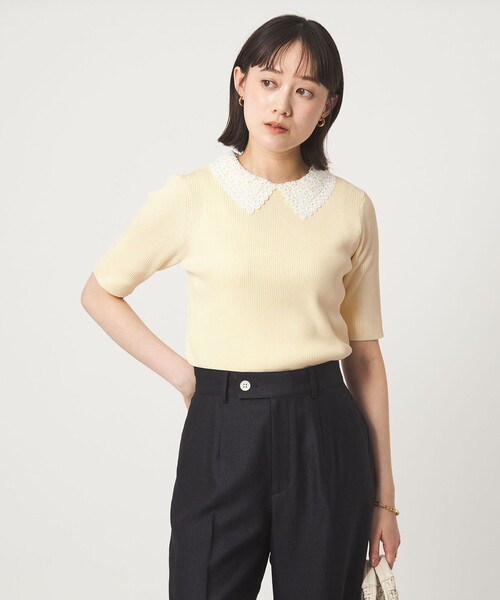 green label relaxing(グリーンレーベルリラクシング)の「リブ エリレース 2WAY 5分袖 ニット プルオーバー(ニット/セーター・レディース・ネイビー/その他1/ベージュ/オフホワイト・FREE)」の2枚目の写真
