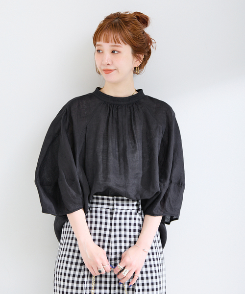 B.C STOCK(ベーセーストック)の「《追加7》手洗い可 / フレンチリネン2wayブラウス(シャツ/ブラウス・レディース・ブラウン/ホワイト/ブラックミックス/ライトブルー/ブラック・FREE)」の9枚目の写真