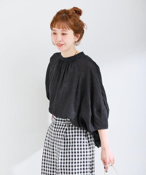 B.C STOCK(ベーセーストック)の「《追加7》手洗い可 / フレンチリネン2wayブラウス(シャツ/ブラウス・レディース・ブラウン/ホワイト/ブラックミックス/ライトブルー/ブラック・FREE)」の10枚目の写真