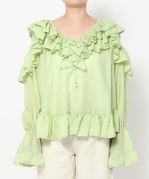 mysty woman（ミスティウーマン）の「ボリュームラッフルブラウス 665898（シャツ/ブラウス・レディース・ミント/オフホワイト/ブラック・FREE）」の19枚目の写真