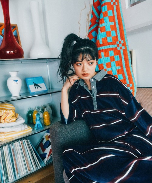 niko and...（ニコアンド）の「[MODE NORM CORE] パイルラガーマキシワンピース（ワンピース・レディース・ネイビー/ベージュ/サックスブルー・LARGE/MEDIUM）」の3枚目の写真