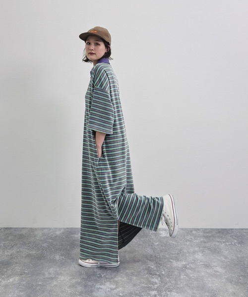 niko and...（ニコアンド）の「[MODE NORM CORE] パイルラガーマキシワンピース（ワンピース・レディース・ネイビー/ベージュ/サックスブルー・LARGE/MEDIUM）」の4枚目の写真