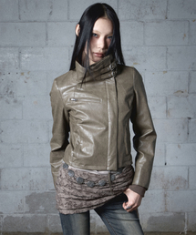 NOT KNOWING（ノットノーイング）の「Belted High-Neck Leather Jacket (KHAKI BROWN)（ライダースジャケット）」