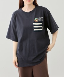 【オジー】刺繍 ニットボーダーポケット クルーネック 半袖Tシャツ