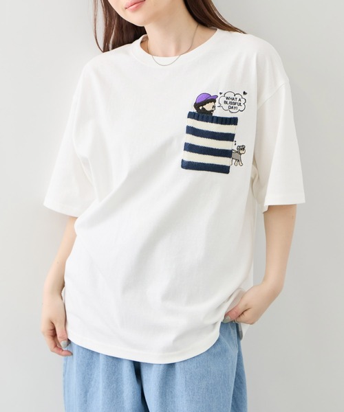 Mac-House(マックハウス)の「【オジー】刺繍 ニットボーダーポケット クルーネック 半袖Tシャツ(Tシャツ/カットソー・メンズ・ホワイト/ネイビー・M/L)」の1枚目の写真