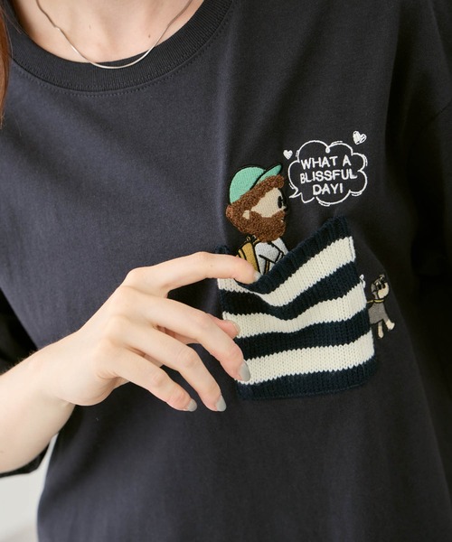 Mac-House(マックハウス)の「【オジー】刺繍 ニットボーダーポケット クルーネック 半袖Tシャツ(Tシャツ/カットソー・メンズ・ホワイト/ネイビー・M/L)」の5枚目の写真