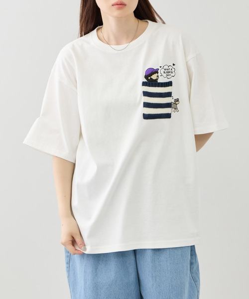 Mac-House(マックハウス)の「【オジー】刺繍 ニットボーダーポケット クルーネック 半袖Tシャツ(Tシャツ/カットソー・メンズ・ホワイト/ネイビー・M/L)」の7枚目の写真