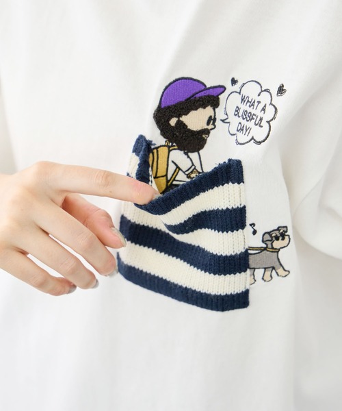 Mac-House(マックハウス)の「【オジー】刺繍 ニットボーダーポケット クルーネック 半袖Tシャツ(Tシャツ/カットソー・メンズ・ホワイト/ネイビー・M/L)」の9枚目の写真