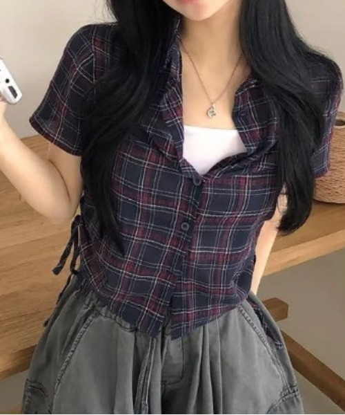 Alvia(アルビア)の「ギャザーチェックブラウス 半袖(シャツ/ブラウス・レディース・ネイビー・M)」の11枚目の写真