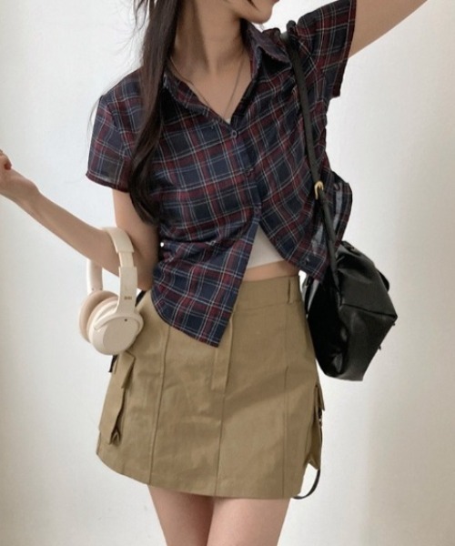 Alvia(アルビア)の「ギャザーチェックブラウス 半袖(シャツ/ブラウス・レディース・ネイビー・M)」の14枚目の写真