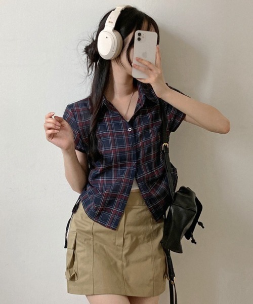 Alvia(アルビア)の「ギャザーチェックブラウス 半袖(シャツ/ブラウス・レディース・ネイビー・M)」の16枚目の写真