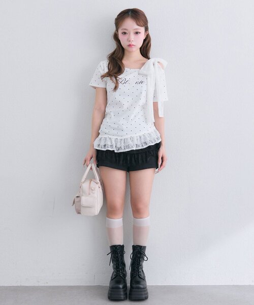 OLIVE des OLIVE(オリーブデオリーブ)の「肩リボンTシャツ(Tシャツ/カットソー・レディース・ライトグレー/オフホワイト/ブラック・FREE)」の10枚目の写真