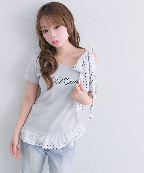 OLIVE des OLIVE(オリーブデオリーブ)の「肩リボンTシャツ(Tシャツ/カットソー・レディース・ライトグレー/オフホワイト/ブラック・FREE)」の14枚目の写真