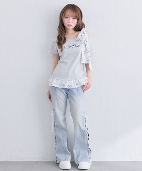 OLIVE des OLIVE(オリーブデオリーブ)の「肩リボンTシャツ(Tシャツ/カットソー・レディース・ライトグレー/オフホワイト/ブラック・FREE)」の16枚目の写真